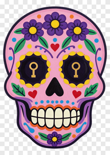 Colorful Sugar Skull With Floral Decorations PNG