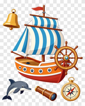 Cartoon Sailboat With Dolphin And Nautical Elements PNG