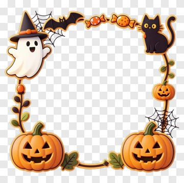 Halloween Frame With Ghost, Pumpkins, And Cat PNG