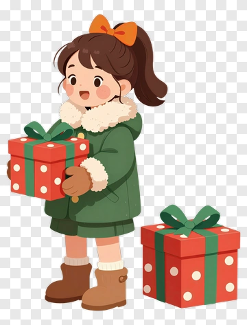 Cartoon Girl Holding Christmas Gifts PNG