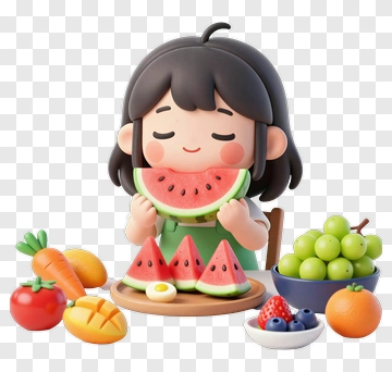 Cute Girl Enjoying Watermelon And Fruits PNG