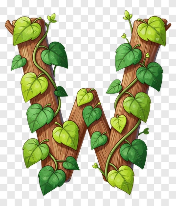Wooden Letter W With Vines And Leaves PNG