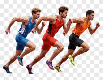Three Male Runners Sprinting In Athletic Gear PNG