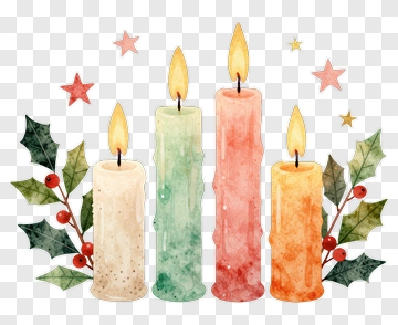 Watercolor Christmas Candles With Holly And Stars PNG