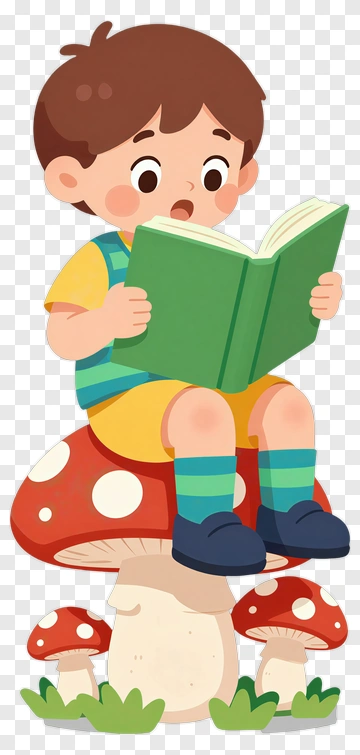 Boy Reading A Book While Sitting On A Mushroom PNG