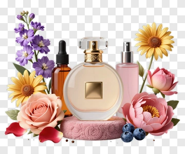 Perfume Bottles Surrounded By Colorful Flowers PNG