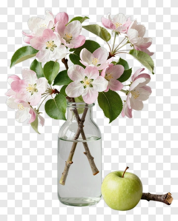 Flower Bouquet In A Glass Vase With Green Apple PNG