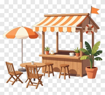 Beachside Snack Bar With Umbrella And Chairs PNG