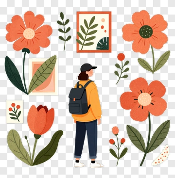 Woman Surrounded By Colorful Flowers And Plants PNG
