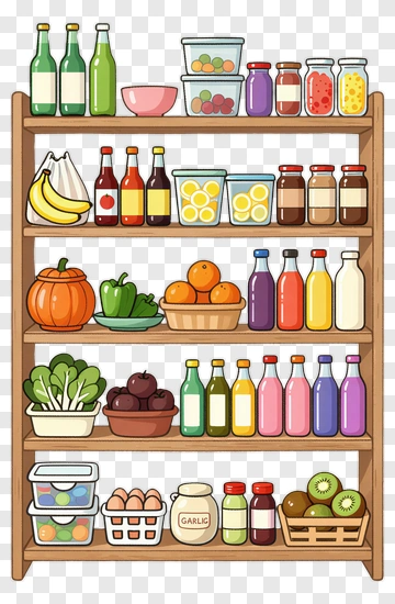 Colorful Grocery Shelf With Fruits And Vegetables PNG
