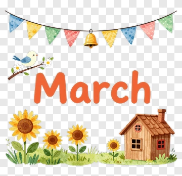 March Illustration With Sunflowers And A House PNG