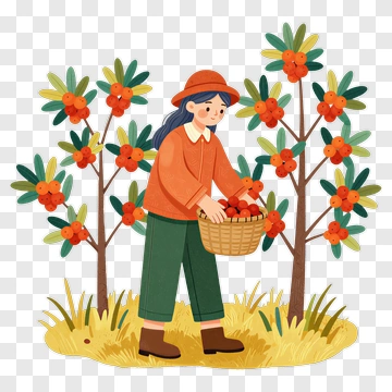 Woman Picking Fruit From Trees PNG