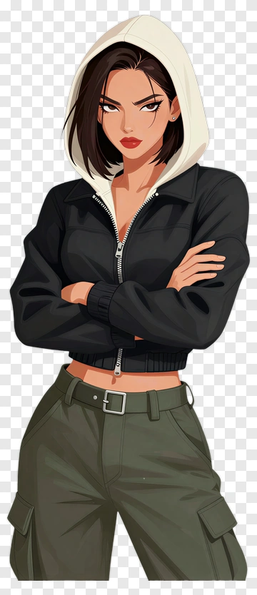 Confident Cartoon Woman In Black Hoodie PNG