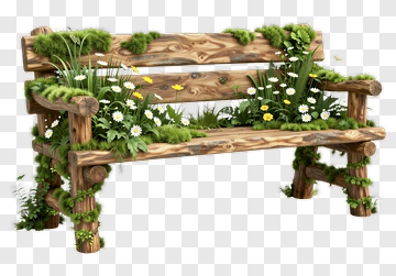 Wooden Garden Bench With Flowers And Grass PNG