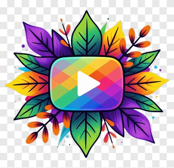 Colorful Play Button Surrounded By Leaves PNG