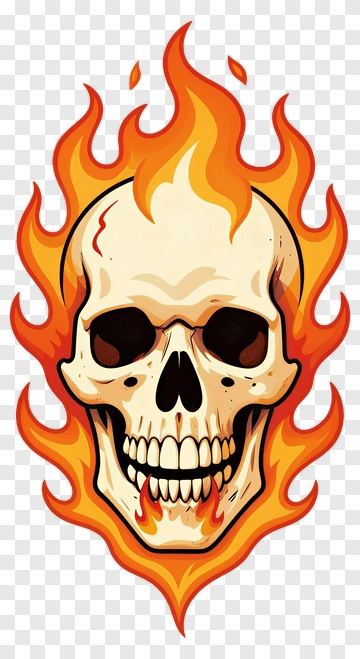 Cartoon Skull With Flames PNG