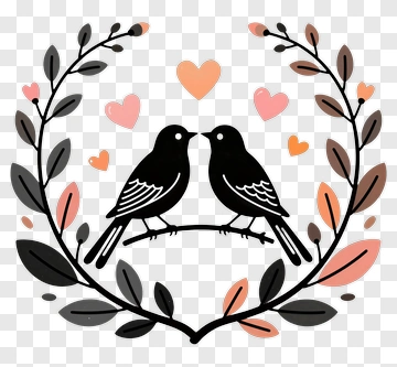 Two Birds Surrounded By Decorative Leaves And Hearts PNG