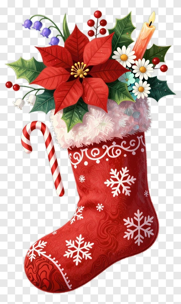 Christmas Stocking Filled With Poinsettia And Candy Cane PNG