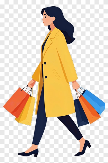 Woman Carrying Shopping Bags In A Yellow Coat PNG