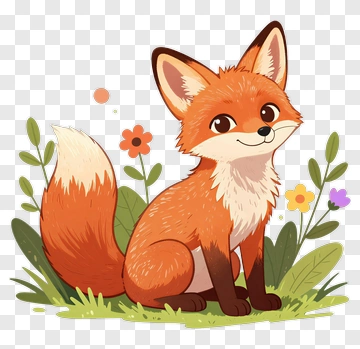 Cartoon Fox Sitting In A Flower Garden PNG
