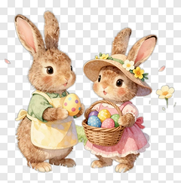 Easter Rabbits Holding Colorful Eggs PNG