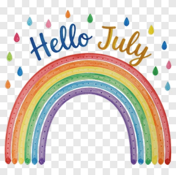 Hello July Rainbow With Colorful Raindrops PNG