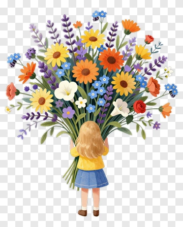Girl Holding A Large Bouquet Of Colorful Flowers PNG