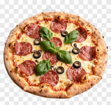 Pepperoni Pizza With Basil And Olives PNG