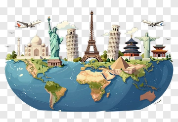 World Landmarks On A Globe PNG
