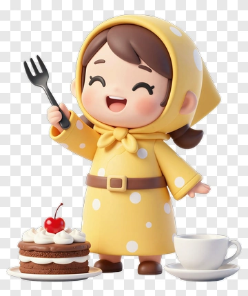 Cartoon Girl Holding A Fork Next To A Cake PNG