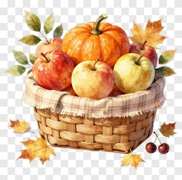 Autumn Basket Filled With Apples And Pumpkin PNG