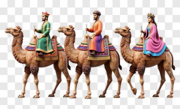 Three Camel Riders In Colorful Attire PNG