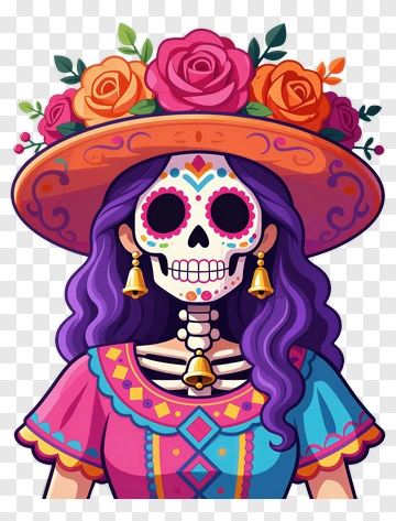 Colorful Sugar Skull Woman With Floral Hat PNG