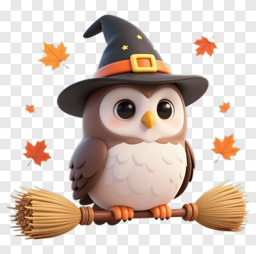 Cartoon Owl Wearing A Witch Hat On A Broomstick PNG