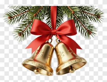 Christmas Bells With Pine Branch And Red Ribbon PNG