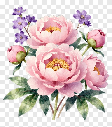 Pink Peony Bouquet With Purple Flowers PNG