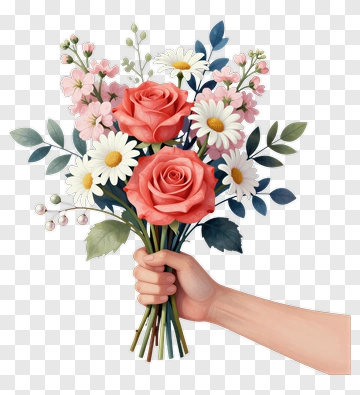 Hand Holding A Bouquet Of Roses And Daisies PNG