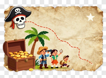 Pirate Treasure Map With Children And Chest Of Gold Coins PNG