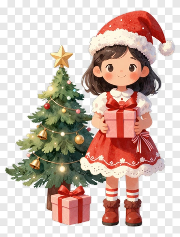Cartoon Girl Holding A Christmas Gift By A Tree PNG