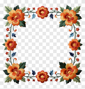 Floral Embroidery Frame With Colorful Flowers PNG