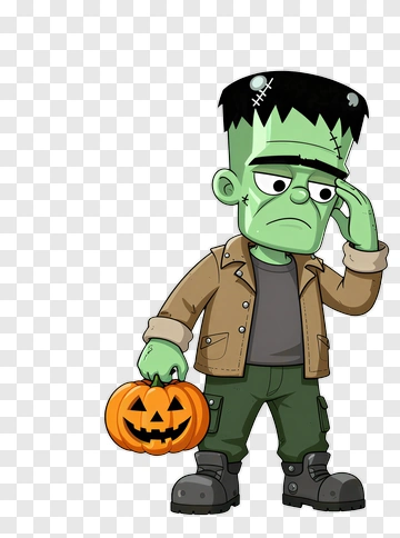 Cartoon Frankenstein Holding A Halloween Pumpkin PNG