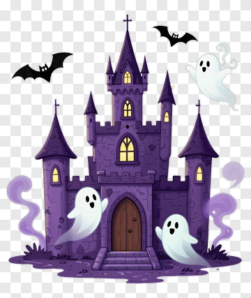 Cartoon Ghosts Near A Purple Castle PNG