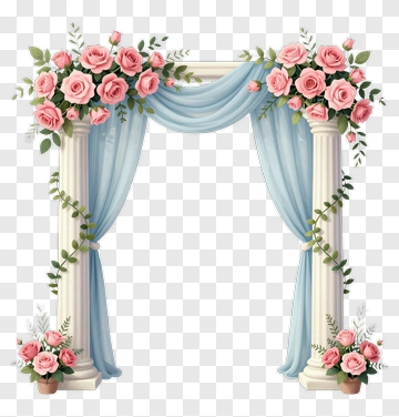 Wedding Arch With Pink Roses And Draped Fabric PNG