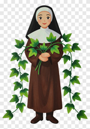 Cartoon Nun Holding Ivy Vines PNG