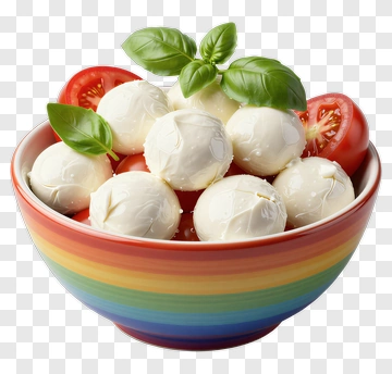 Colorful Bowl Of Mozzarella Balls And Tomatoes PNG