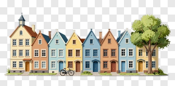 Colorful Row Of Houses With A Tree And Bicycle PNG