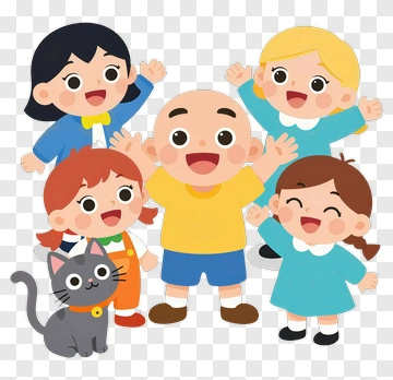 Happy Cartoon Children With A Cat PNG