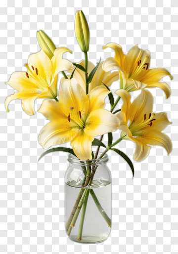Yellow Lily Bouquet In A Glass Vase PNG