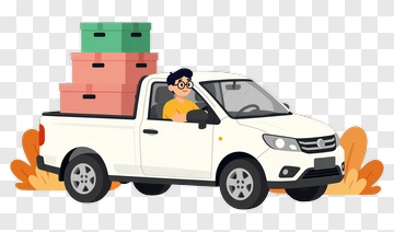 Cartoon Man Driving A Pickup Truck With Boxes PNG