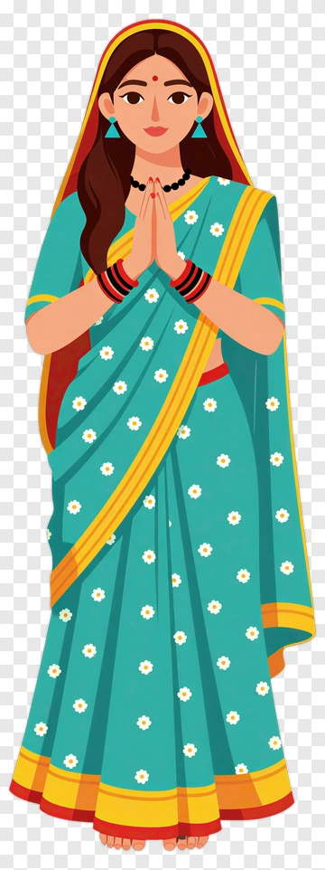 Woman In Traditional Indian Saree With Hands Together PNG